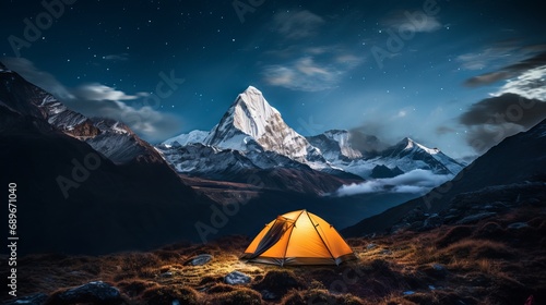 A view of a camp site with a mountain behind it © Elshad