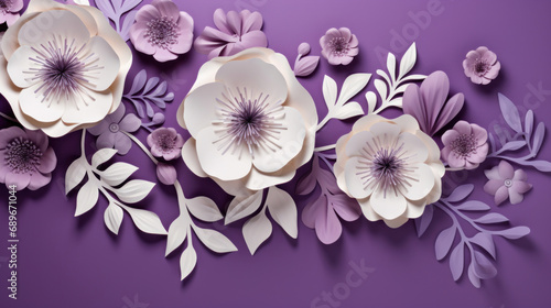 Paper flowers and leaves on purple background. Flat lay, top view