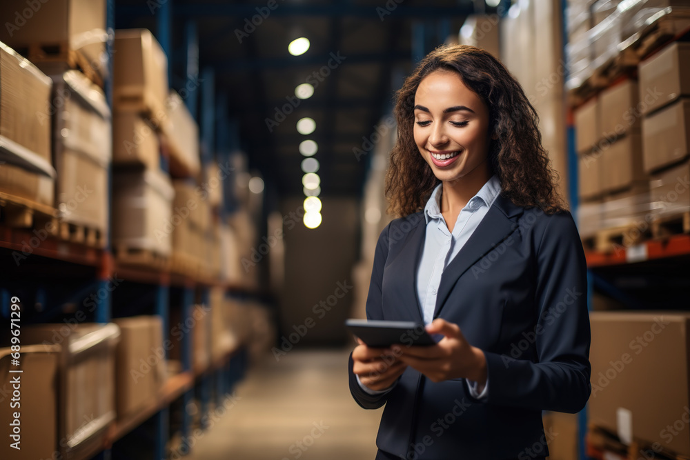 Female entrepreneur with tablet device searching for products for delivery in a warehouse. - obrazy, fototapety, plakaty 