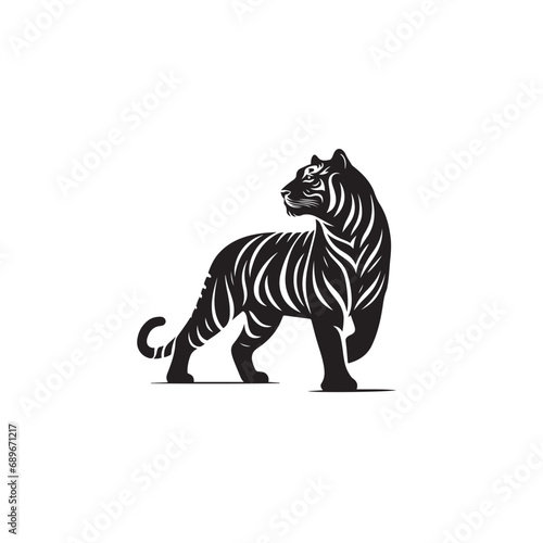 Tiger Silhouette Amidst the Shadows, a Symbol of Stealth and Power Black Vector Tiger Standing Silhouette       © Verslood
