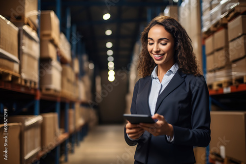 Female entrepreneur with tablet device searching for products for delivery in a warehouse. photo