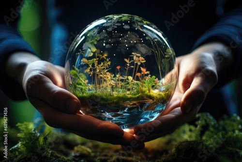 Glass sphere with green plants inside in male hands. Environment protection