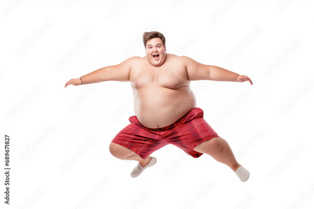 A young, overweight man engages in a high-energy trampoline session, capturing the positive spirit of exercise and health.