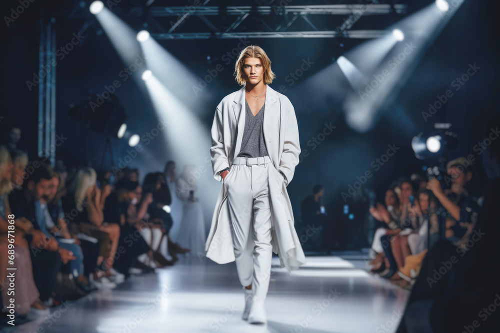 A fashion model confidently struts down the catwalk, showcasing a stunning couture clothes