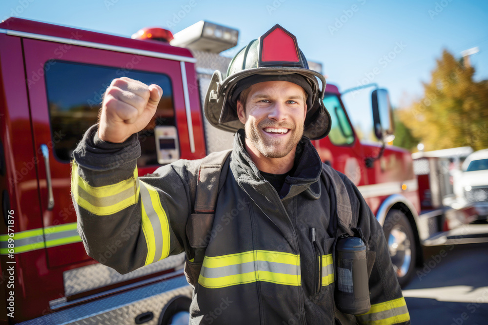 A happy firefighter in uniform stands by a firetruck, ready for action. A happy firefighter in uniform stands by a firetruck, ready for action.