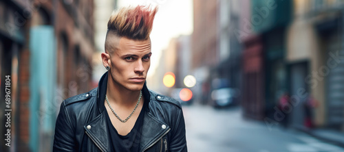 A Stylish and Handsome Guy Embracing the Punk Subculture with a Trendy Mohawk Hairstyle. photo