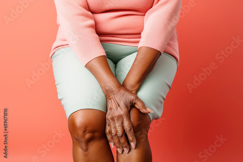 A black woman experiences knee pain, seeking medical care for arthritis or tendon issues, highlighting the importance of health care for older adults.