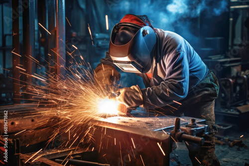 A welder in action, surrounded by sparks and fire, highlighting the technical prowess and craftsmanship required in industrial settings.