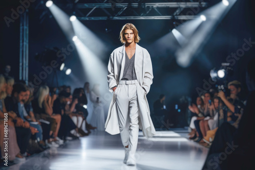 Obraz na płótnie A fashion model confidently struts down the catwalk, showcasing a stunning couture clothes w salonie