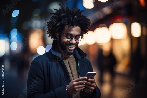 Portrait of handsome afro man using phone on the street. photo