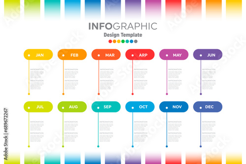 Full year time line template with all the colored months of the rainbow on a neatly arranged horizontal time layout, month names, icons and short descriptions on a white background. Info graphic
