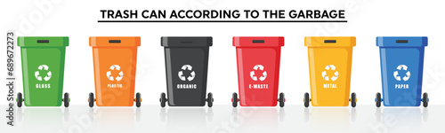 Vector design of multi-colored trash cans according to types of waste that are difficult to recycle and easy to recycle. Recycling bin icon vector symbol illustration type. Vector design