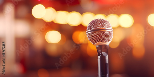 Microphone on blur bokeh of light and hall background.microphone on stage.AI Generative 