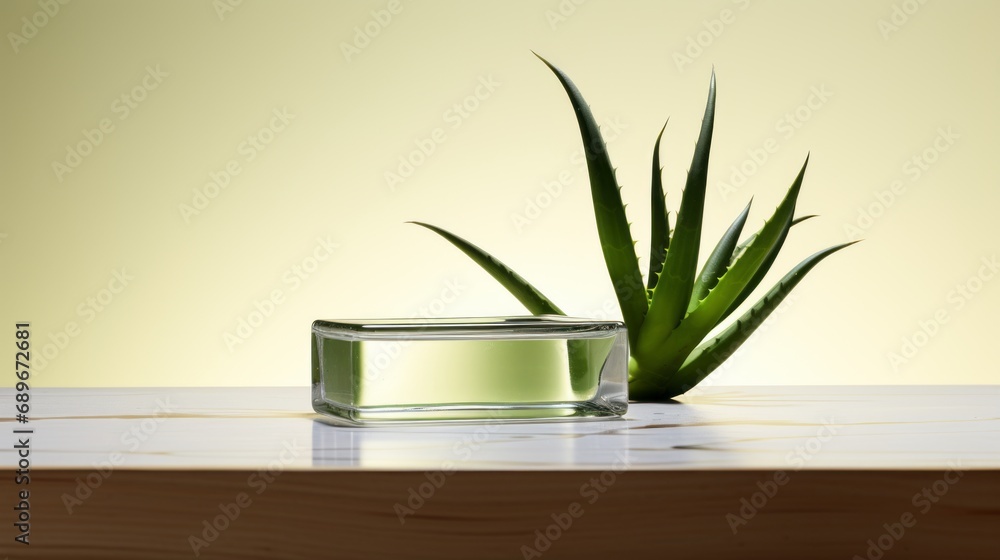 Minimalist aloe vera plant and aloe vera gel product display montage Skin care concept Minimalist aloe vera plant and aloe vera gel product display montage Skin care concept