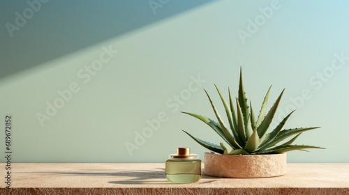 Minimalist aloe vera plant and aloe vera gel product display montage Skin care concept photo