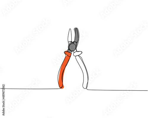 Construction wire cutters, pliers, vise grip, swagers one line art. Continuous line color drawing of repair, professional, hand, people, concept, support, maintenance.
