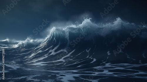 Storm at sea and ocean. Ocean waves. Big waves at night.