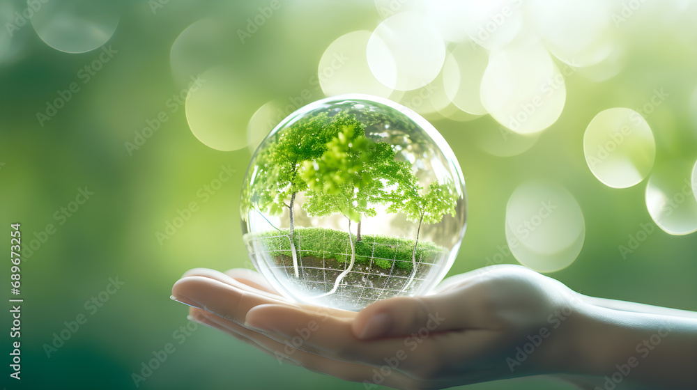 Hand holding glass globe ball with tree growing and green nature blur background, eco concept. Hand holding glass globe ball with tree growing and green nature blur background, eco concept.