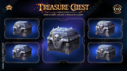Treasure Chests Collection Unveiling a Realm from Basic to Upgraded Levels for RPG, Fantasy, and Medieval Games-Vector illustration Design