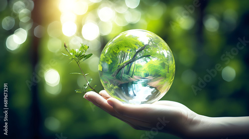 hands holding green earth, Hand holding glass globe ball with tree growing and green nature blur background, eco concept.