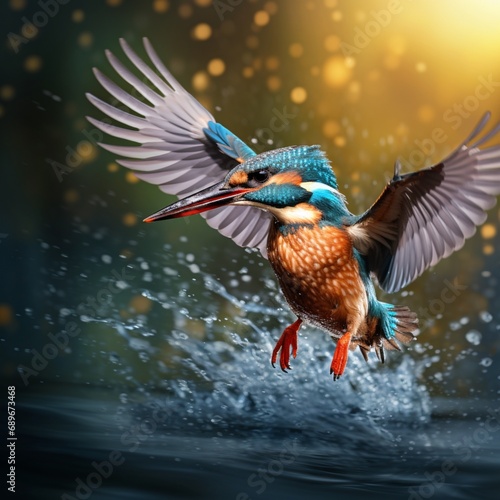 Kingfisher over water flying image Generative AI
