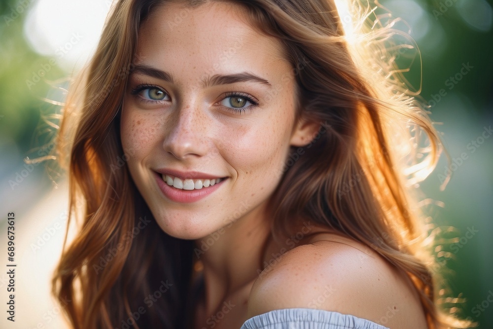Close-up portrait of a beautiful smiling happy young girl with freckles looking at the camera against the background of nature in summer. Emotions, facial expression, natural beauty concept Close-up portrait of a beautiful smiling happy young girl with freckles looking at the camera against the background of nature in summer. Emotions, facial expression, natural beauty concept