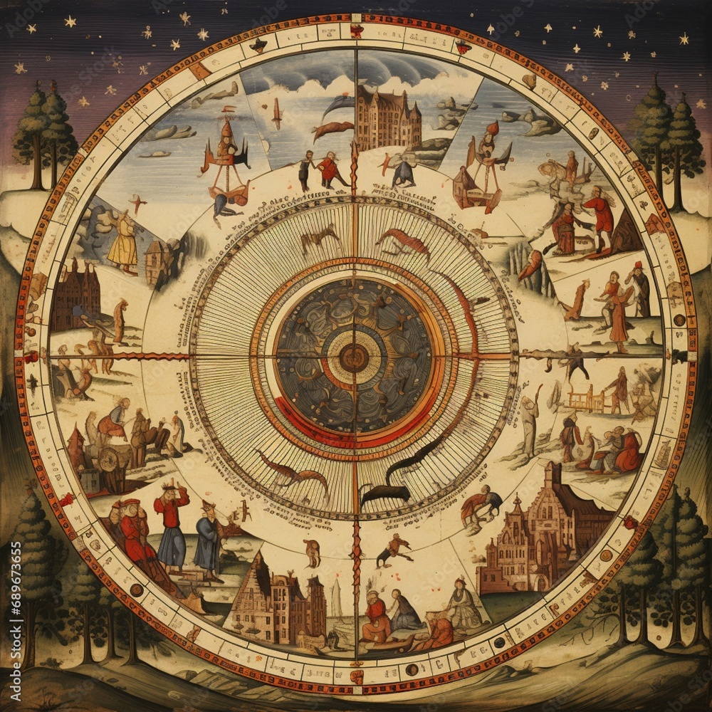 Medieval circular weather calendar image Generative AI