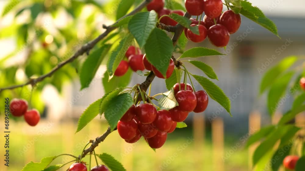 Ripe cherries on a branch in the garden. Selective focus.