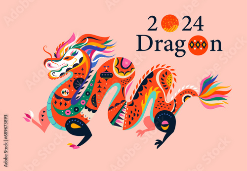 Happy New Year 2024 concept design. Chinese dragon vector illustration. Happy Chinese New Year 2024 vector design. Symbol of 2024. Year of the Dragon.