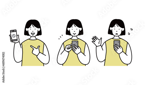 スマホを操作する女性のイラストセット