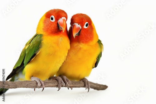 Adorable lovebirds agapornis fischeri paired and isolated on a pristine white background