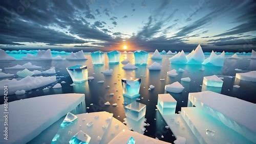 Icebergs floating on the ocean at sunrise. Sky filled with dramatic clouds. Arctic glaciers and ice floes in sea. Polar landscape. Concept of melting glaciers, climate change, global warming. Zoom in photo