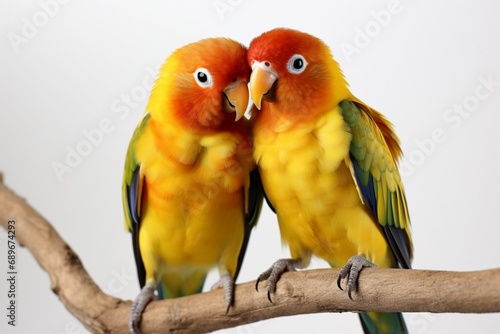 Adorable lovebirds agapornis fischeri paired and isolated on a pristine white background