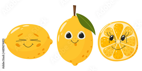 Lemon fruit character with face. Summer set vitamin vector illustration isolated on white. Slice and whole fruit