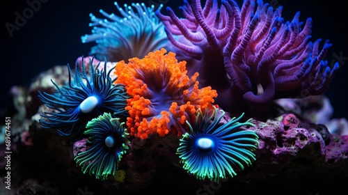 A coral reef that is colorful with both black and blue backgrounds