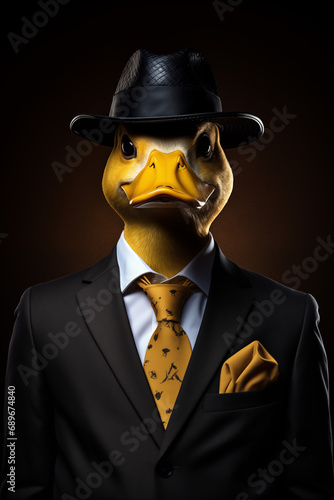 Illustration of a portrait of a duck in a black suit