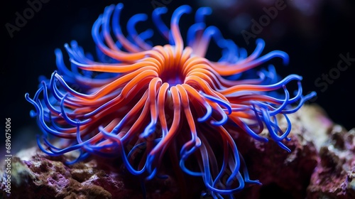 A sea anemone that has tentacles that are blue and have stripes of blue and orange