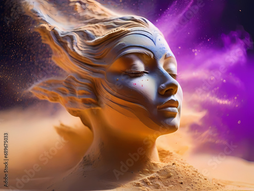 female sculpture made of stone and sand