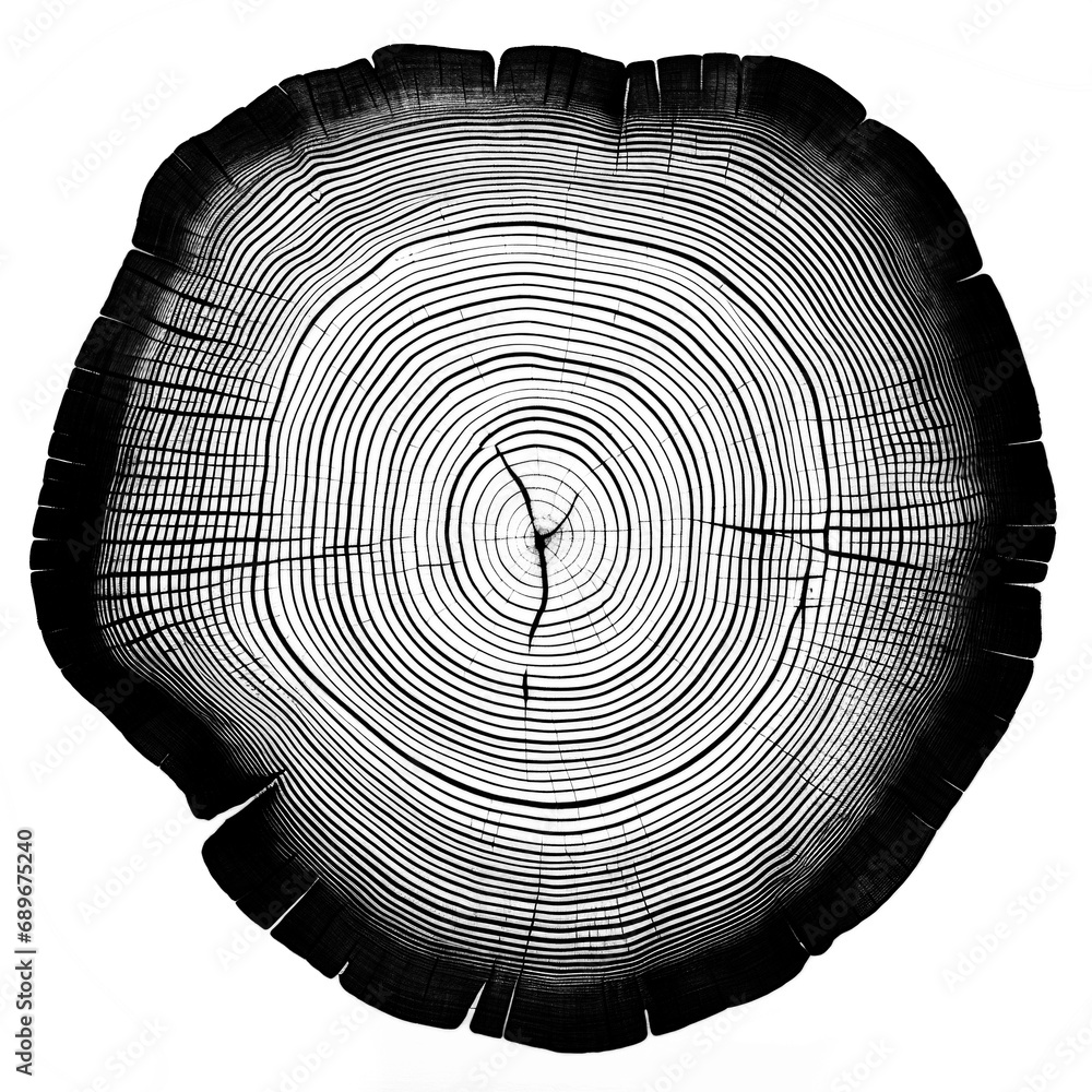 A graphic print of uneven black tree rings, wavy space between some ...