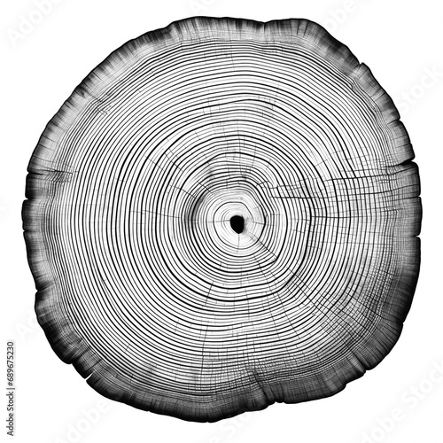 A graphic print of uneven black tree rings, wavy space between some rings isolated on white background. Wood rings photo