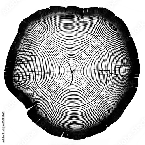 A graphic print of uneven black tree rings, wavy space between some rings isolated on white background. Wood rings