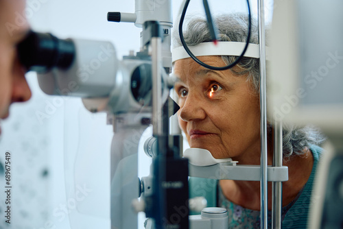 Senior woman having an eye exam at ophthalmologist's office.