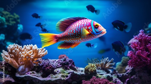 The artwork depicts a fish swimming in a coral reef