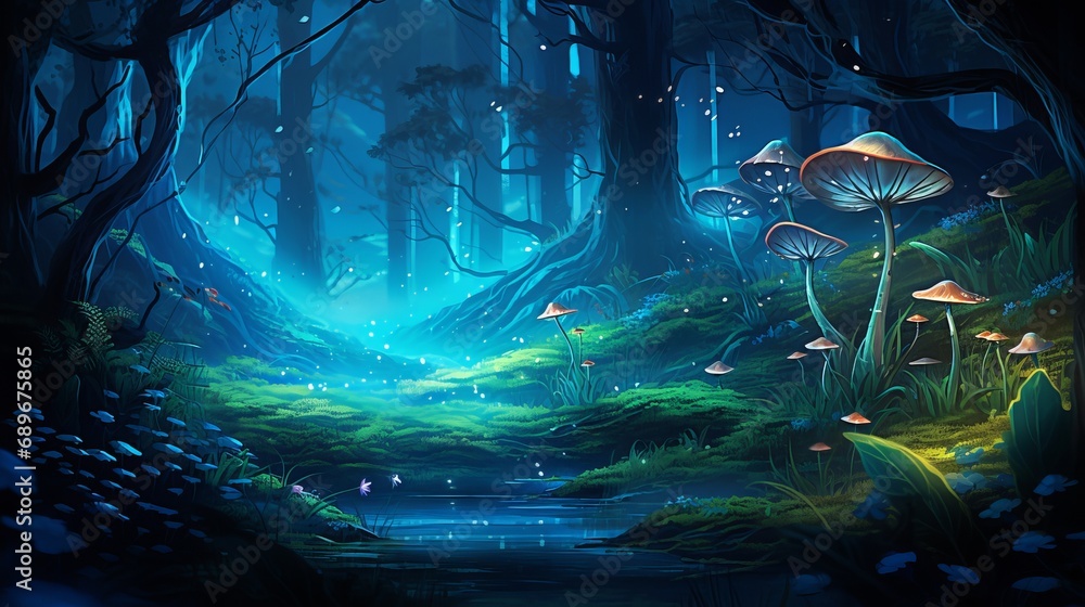 The center of a forest is illuminated by a blue glowing firefly The center of a forest is illuminated by a blue glowing firefly