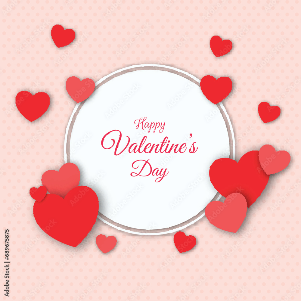 Happy Valentine's Day Greeting Card with Red Paper Hearts Decorated on Pastel Pink Dotted Pattern Background.