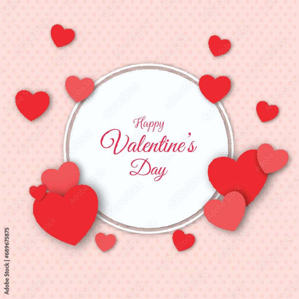 Happy Valentine's Day Greeting Card with Red Paper Hearts Decorated on Pastel Pink Dotted Pattern Background. Happy Valentine's Day Greeting Card with Red Paper Hearts Decorated on Pastel Pink Dotted Pattern Background.