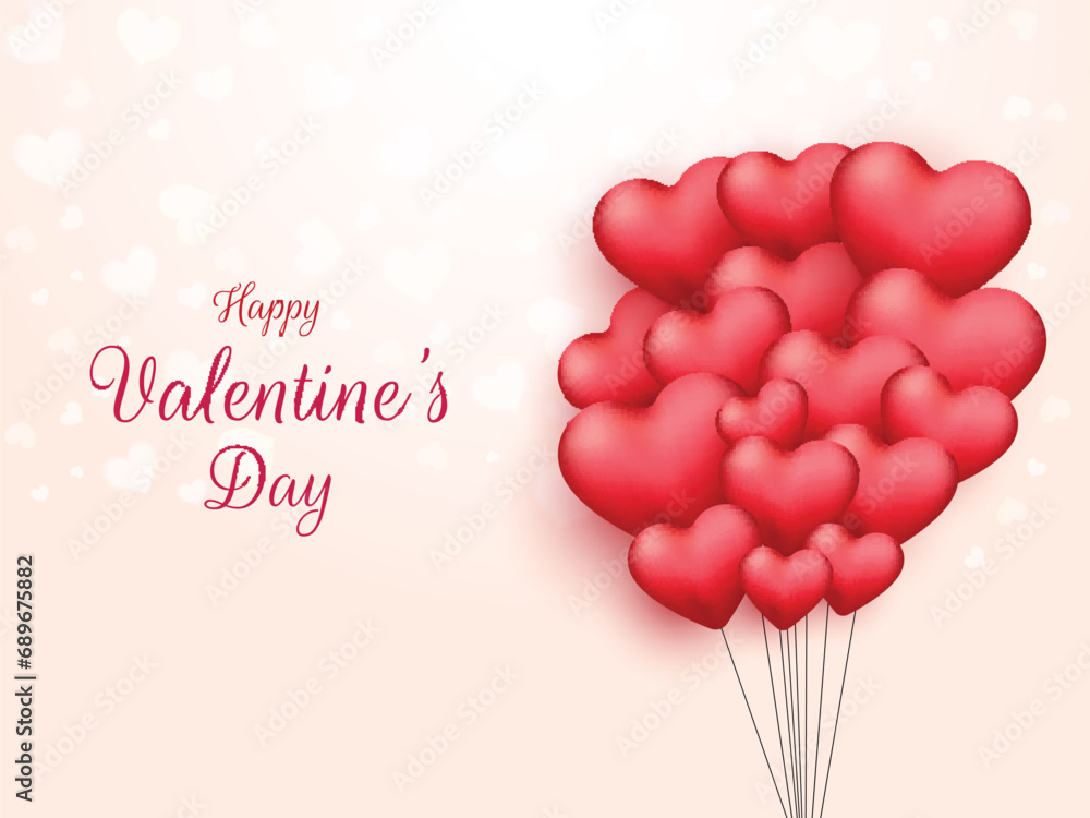 Happy Valentine's Day Greeting Card with Bunch of Glossy Red Heart Shaped Balloons.