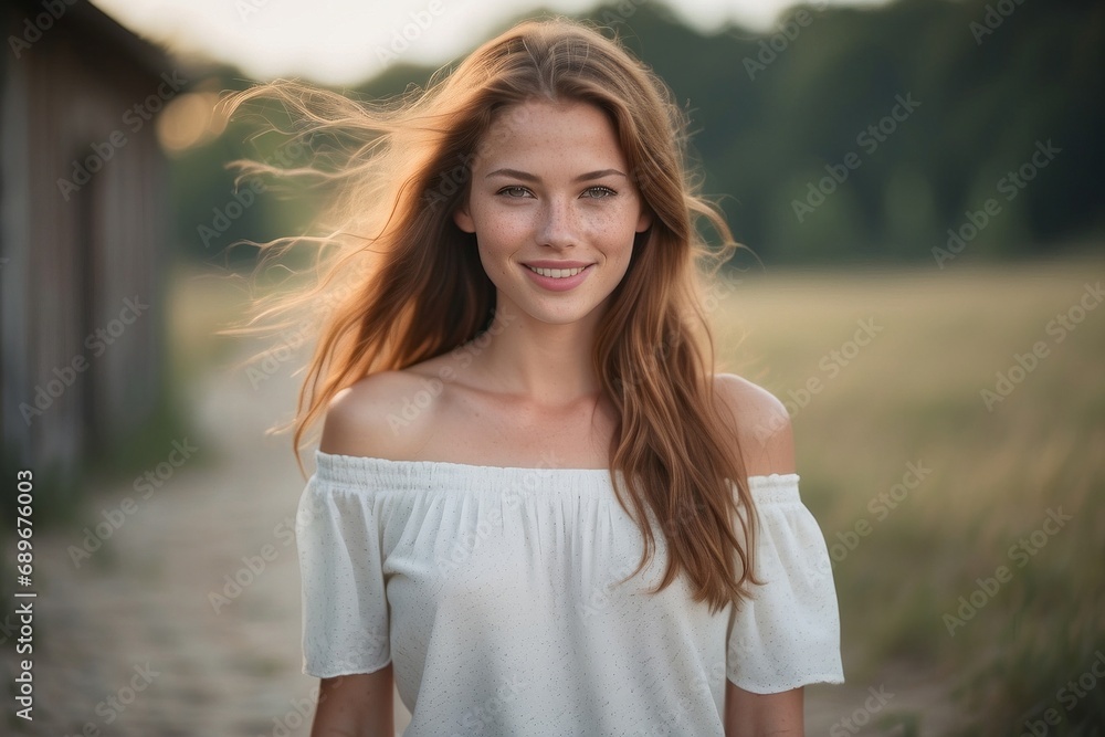 A beautiful charming smiling young woman with long curly hair, blue eyes looks at the camera against the background of nature. Summer, happiness, emotions, natural beauty of the concept. A beautiful charming smiling young woman with long curly hair, blue eyes looks at the camera against the background of nature. Summer, happiness, emotions, natural beauty of the concept.