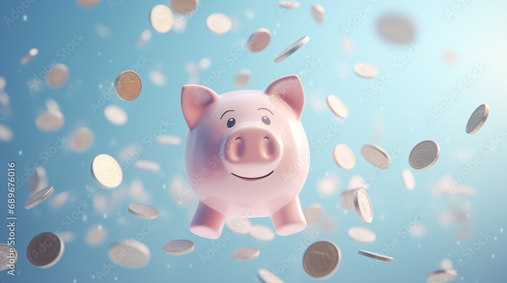 Coins falling to piggy saving , Financial and money deposit concept Coins falling to piggy saving , Financial and money deposit concept