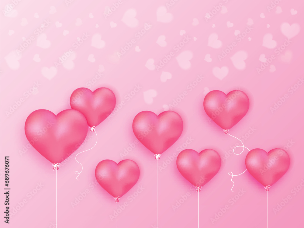 Glossy Pink Heart Shape Balloons on Shiny Blurred Background for Love or Happy Valentine's Day Celebration Concept.